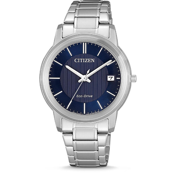 Citizen womens eco drive solar powered analogue watch with blue dial and date in silver tone