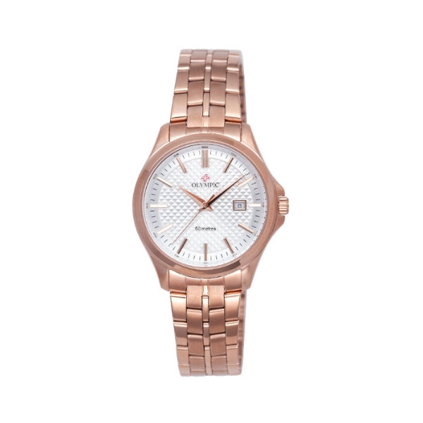 Olympic women's quartz watch with white dial in rose gold tone