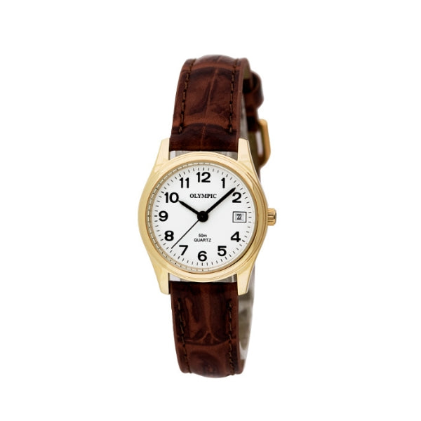 Olympic women's quartz analogue dress watch in gold tone with brown strap