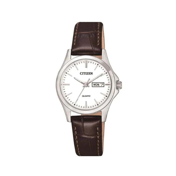 Citizen women's quartz analogue dress watch in silver tone with brown leather strap