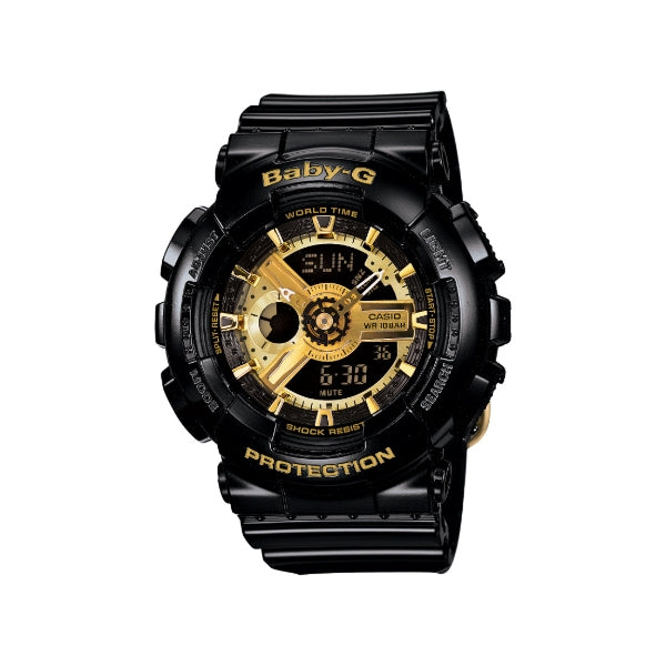 Casio women's Baby-G quartz watch in black and gold with dual time function
