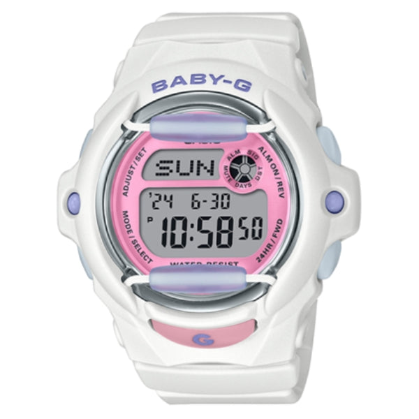 Casio women's Baby-G quartz digital watch in white with pink and lilac with telememo function