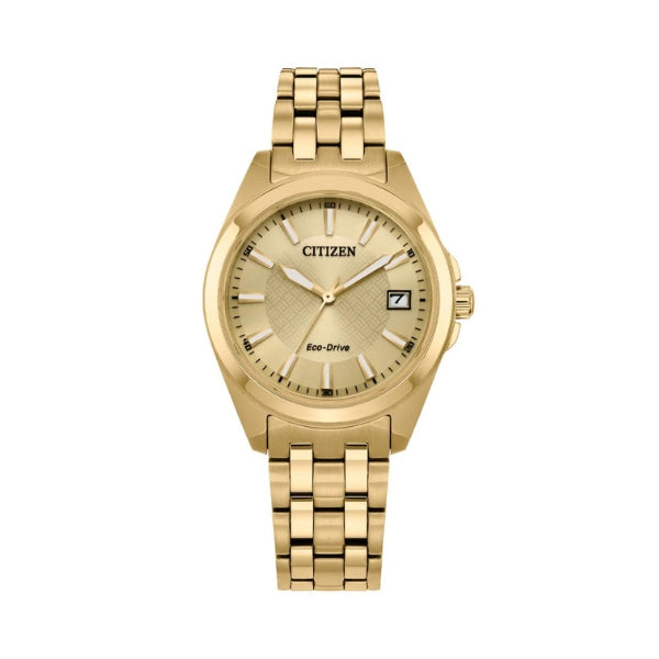 Citizen women's eco drive solar powered analogue dress watch in gold tone with sapphire crystal glass