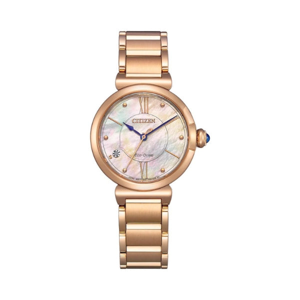 Citizen women's ecodrive solar powered analogue dress watch in rose gold tone with pink mother of pearl dial