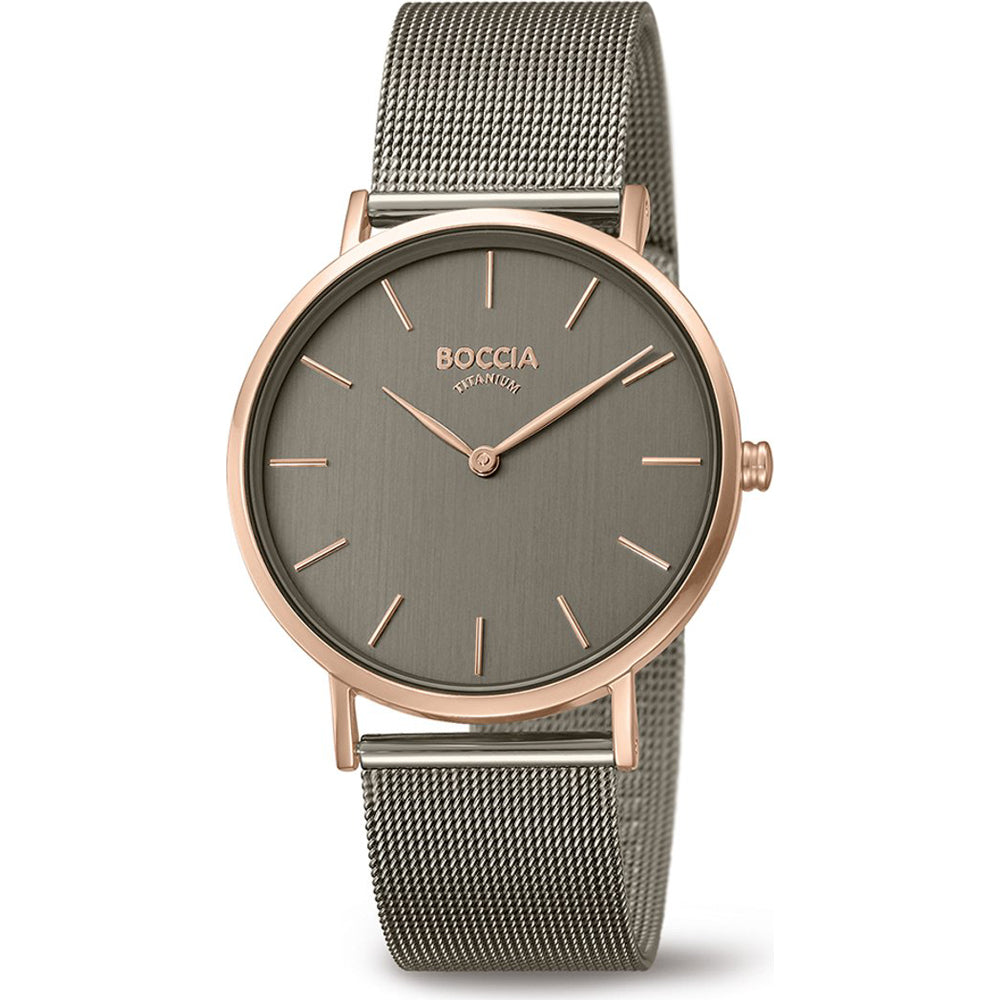 Boccia women's titanium quartz analogue dress watch in grey and rose gold tone
