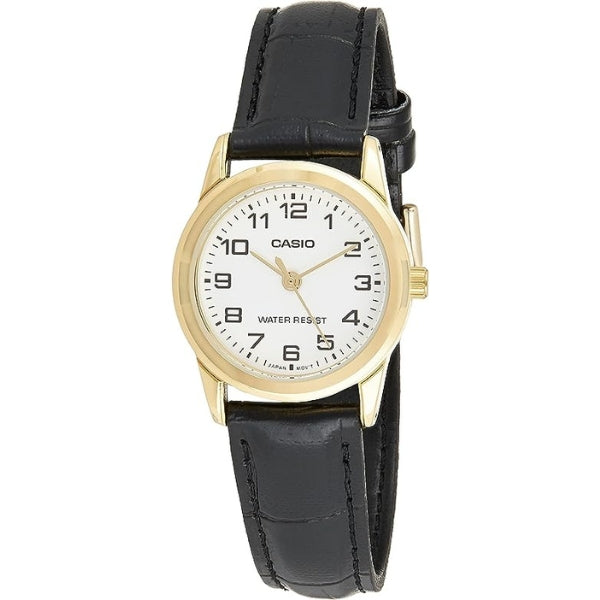 Casio women's quartz analogue watch in gold tone with black leather strap