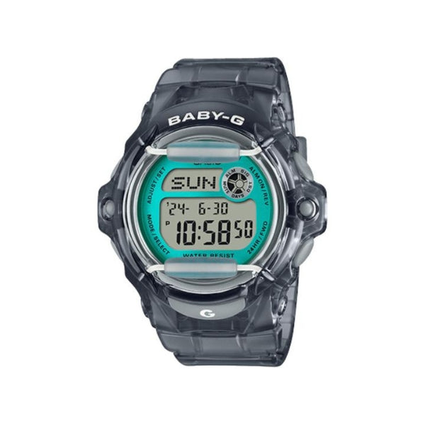 Casio women's Baby-G quartz watch in clear resin and blue dial with day counter