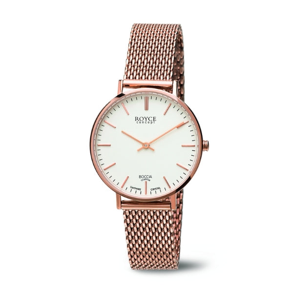 Boccia women's titanium quartz analogue watch with mesh strap in rose gold plated stainless steel