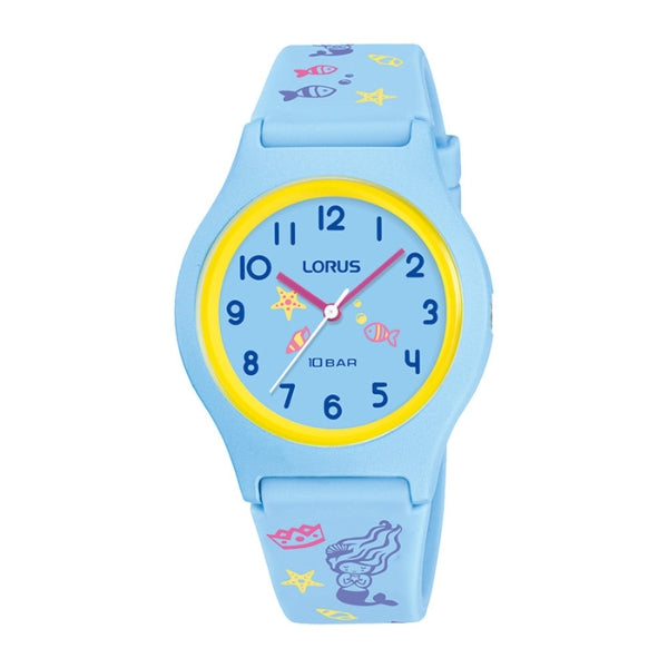 Lorus kid's time teacher quartz watch in light blue with mermaid design