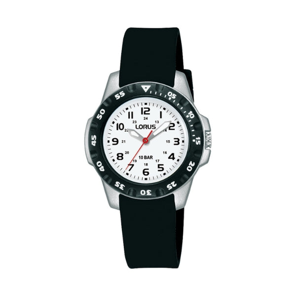Lorus kid's time teacher quartz analogue watch in black, white and silver