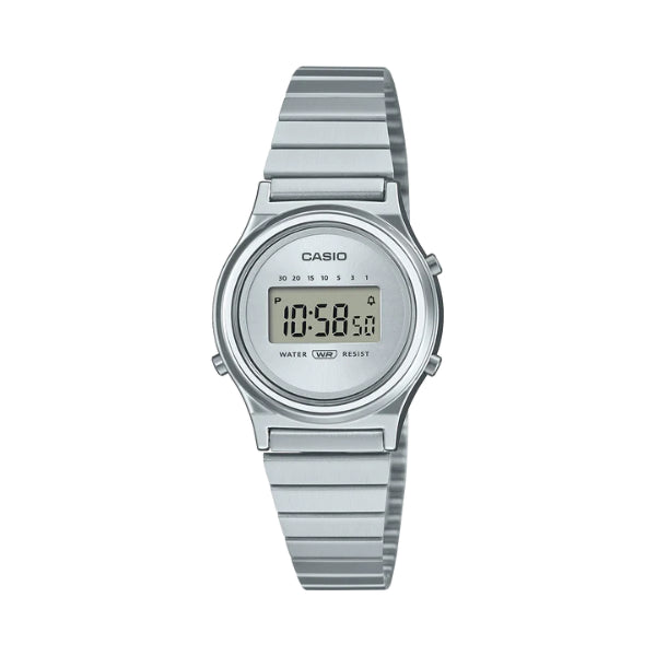 Casio women's digital quartz watch in silver with stopwatch