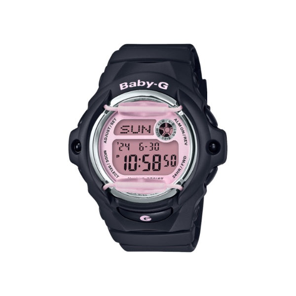 Casio women's Baby-G digital quartz watch in black and pink with countdown timer