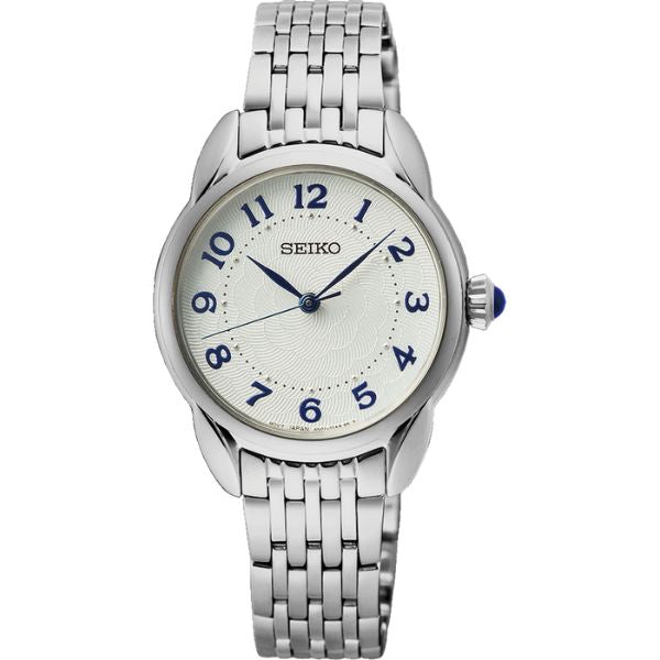 Seiko women's stainless steel watch with blue accents and sapphire set crown