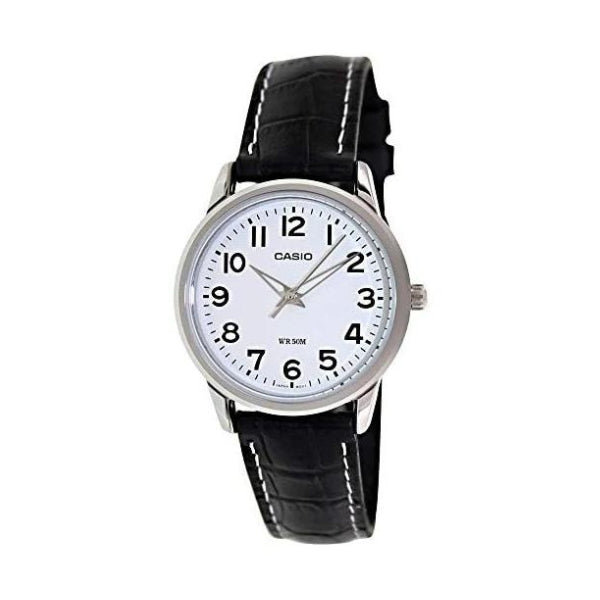 Casio women's analogue quartz watch in silver with black leather strap