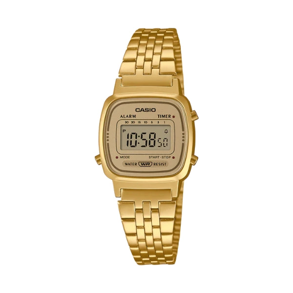 Casio women's vintage digital quartz watch in gold plated stainless steel.