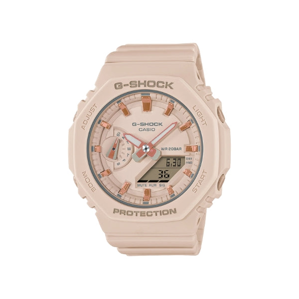 Casio women's G-shock quartz watch with dual time in beige case and strap with carbon core