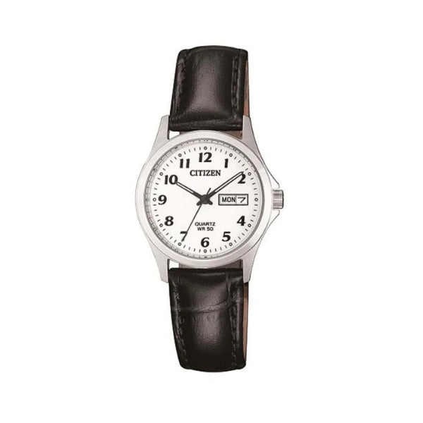 Citizen women's quartz analogue watch in silver tone with black leather strap