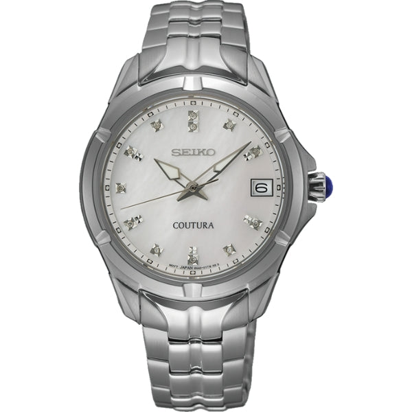 Seiko women's quartz watch with diamond set dial markers & scratch resist sapphire crystal glass