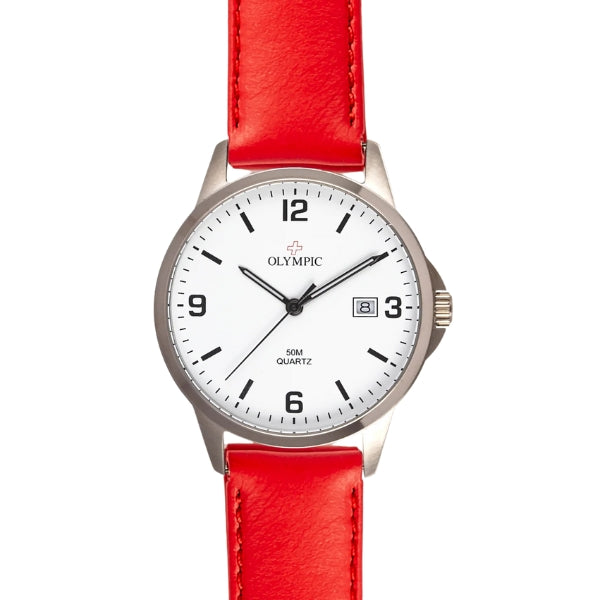 Olympic women's quartz watch with white dial and red leather strap
