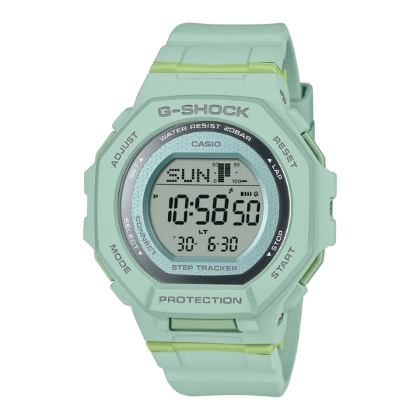 Casio women's g-squad mid size quartz watch with step tracker in matt green