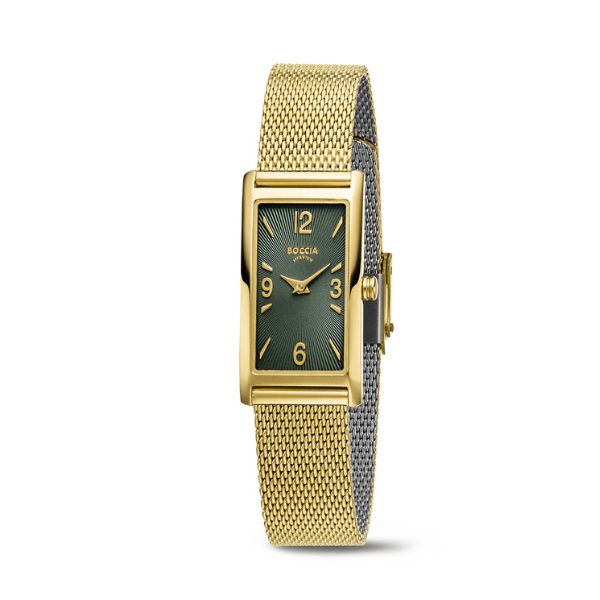 Womens gold plated titanium quartz watch with green dial