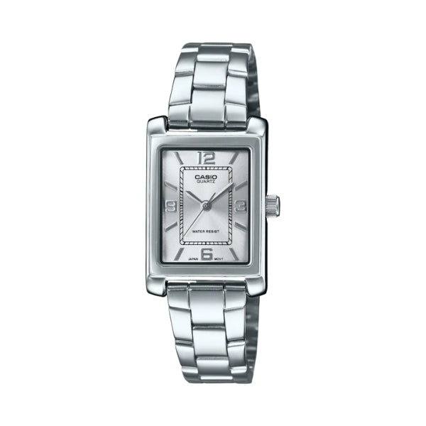 Casio women's quartz analogue wach with rectangular case & steel band