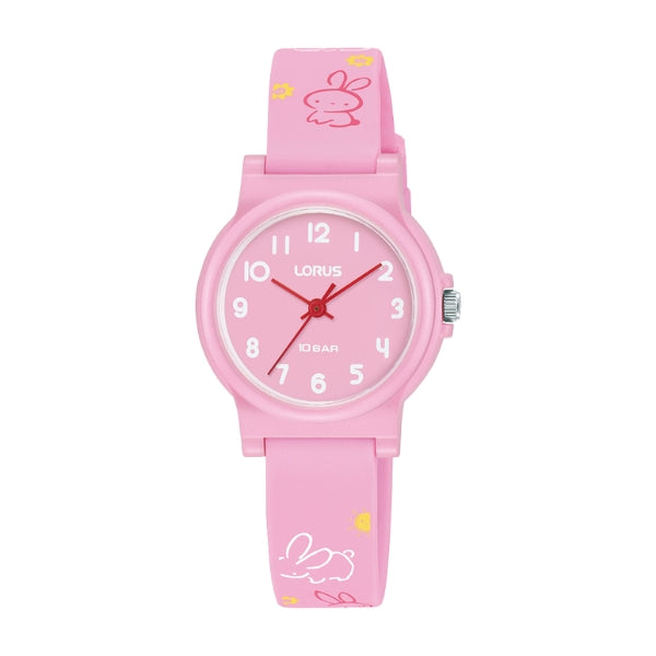 Kids pink on pink analogue quartz watch with rabbits