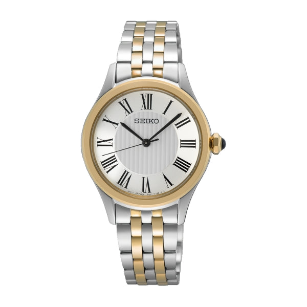 Seiko women's quartz watch with roman numerals in two tone stainless steel