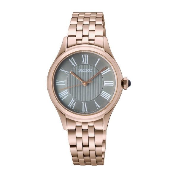 Seiko women's quartz watch with dark dial and roman numerals in rose gold steel