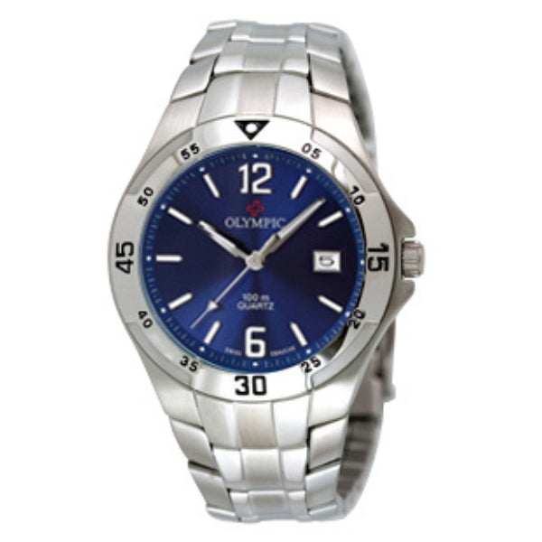Olympic men's quartz analogue watch with blue dial and date in stainless steel
