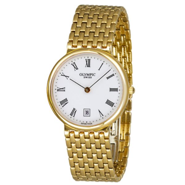 Gents gold plated stainless steel watch with white dial with a solid link bracelet strap