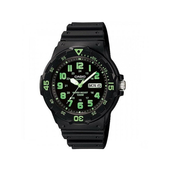 Casio men's quartz analogue watch with green numbers