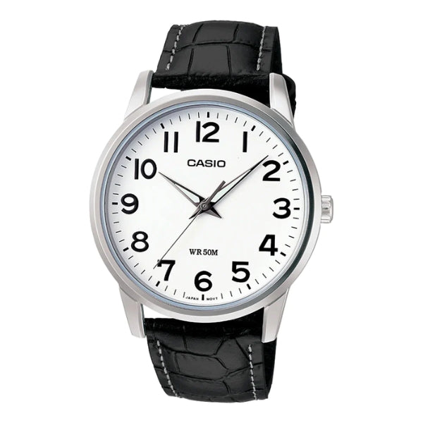 Casio men's quartz analogue watch in stainless steel with black leather strap