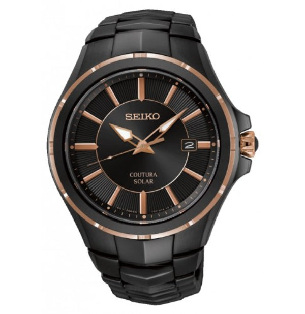 Seiko men's coutura solar watch in black and rose gold