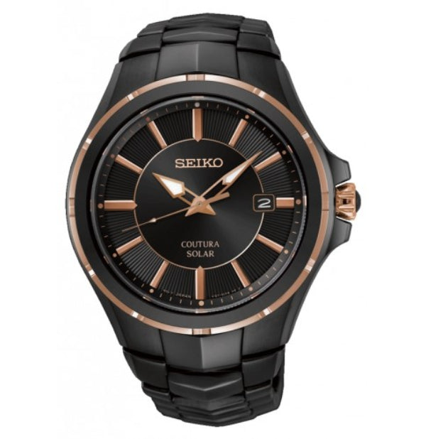 Seiko men's Coutura solar watch in black and rose