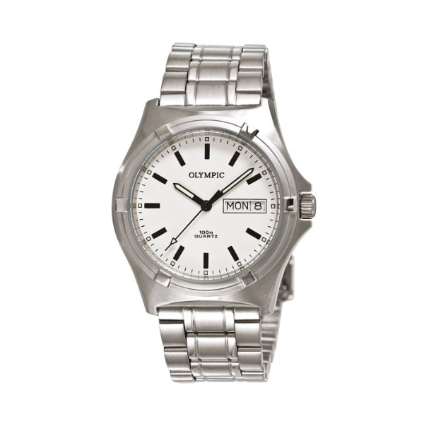 Olympic men's analogue quartz work watch with day and date in silver stainless steel