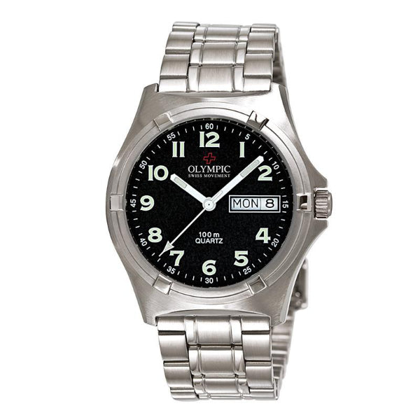 Olympic men's analogue quartz work watch with day and date in stainless steel