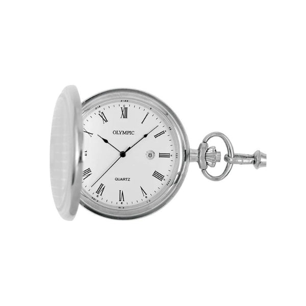 Olympic hunter quartz pocket watch in silver stainless steel