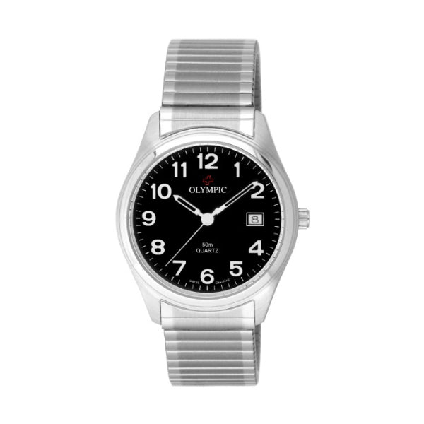 Olympic men's quartz watch with 12 fig dial on expander strap in silver stainless steel