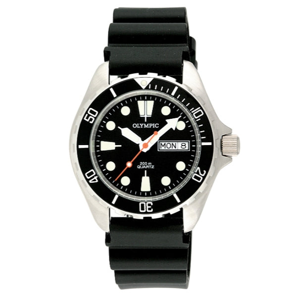 Olympic men's quartz dive watch in stainless steel with black rubber strap