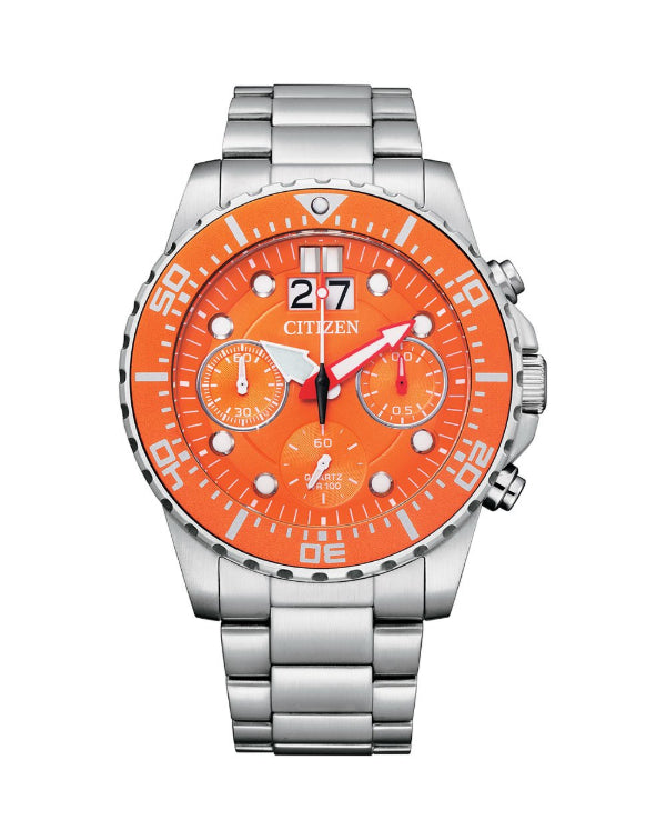Citizen men's quartz dive style watch in silver and orange