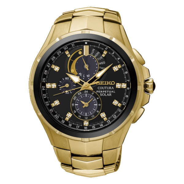 Seiko men's solar coutura perpetual chronograph watch in black and gold tone