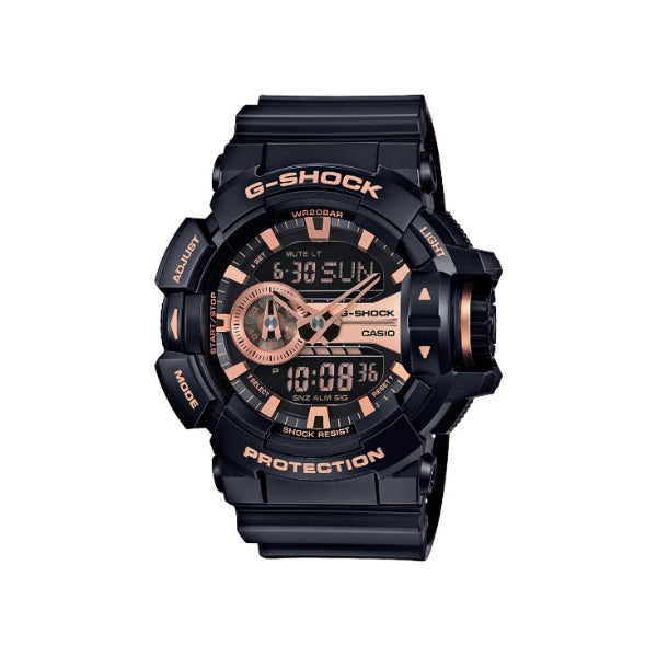 Casio men's G-Shock analogue quartz watch in black and rose gold