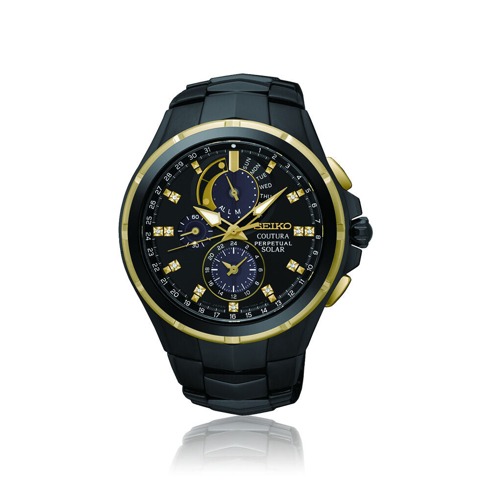 Seiko black & gold gents solar analogue watch with chronograph