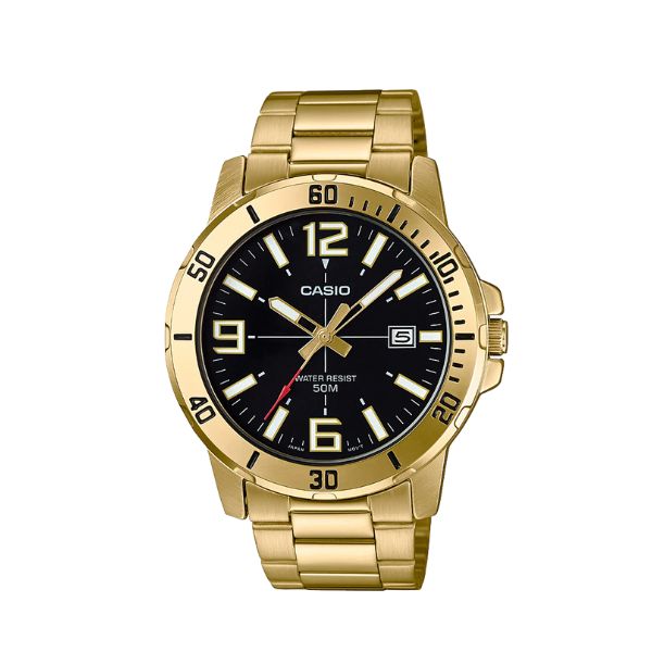 Casio men's quartz analogue watch in gold tone with black dial
