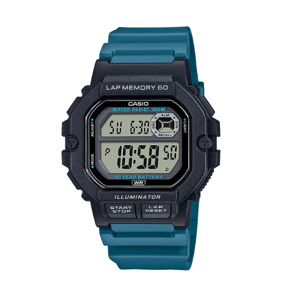 Casio men's quartz digital watch with lap memory function in black and blue/green
