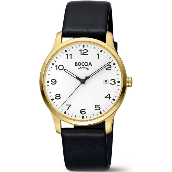 Boccia men's titanium quartz analogue watch in gold tone with black leather strap