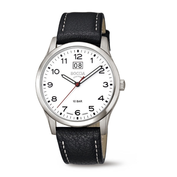 Boccia men's quartz analogue watch in silver titanium with black leather strap