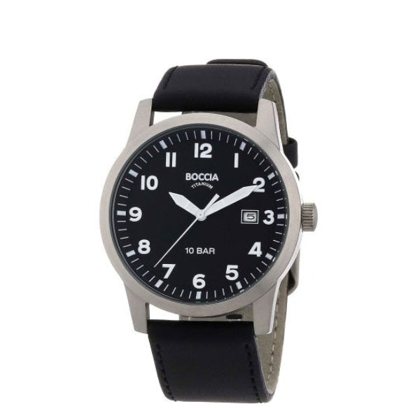 Boccia men's quartz analogue watch in silver titanium with black leather strap