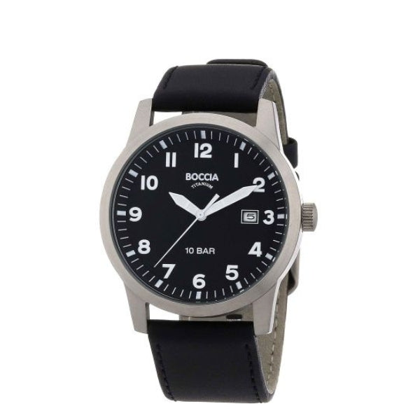 Boccia men's titanium quartz watch with black leather strap